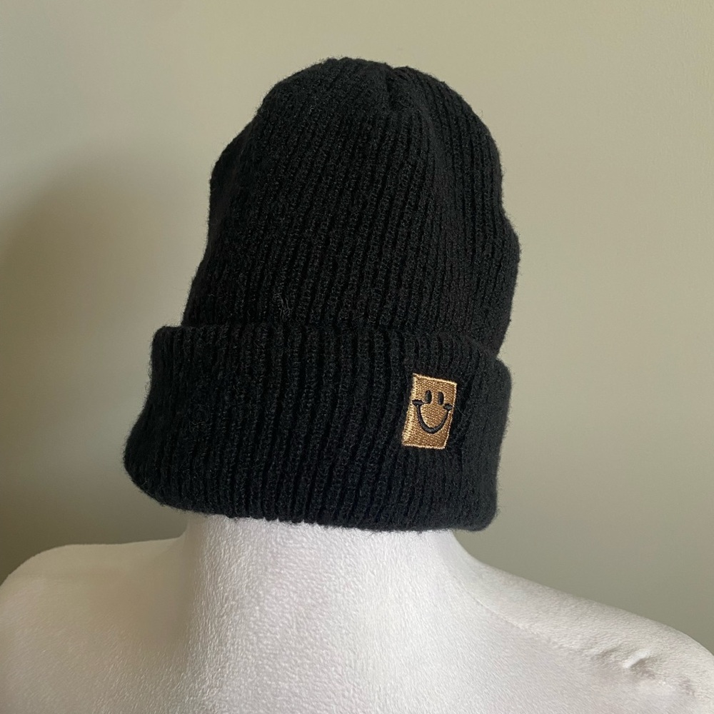 Black Beanie with Smiley Patch